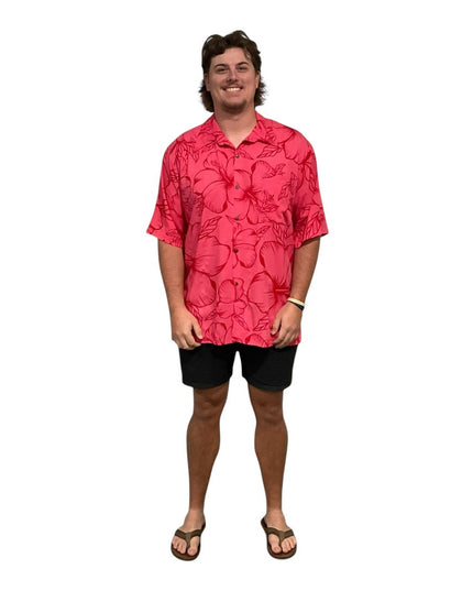 Pink hibiscus print men's shirt