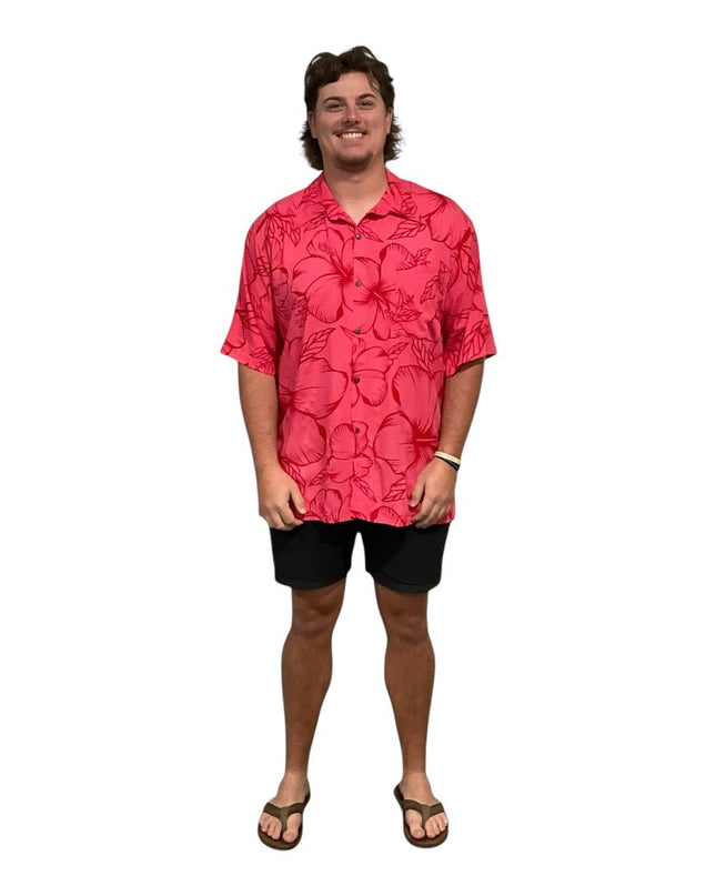 Pink hibiscus print men's shirt