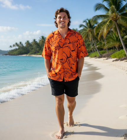 HIBISCUS PRINT MEN'S ORANGE SHIRT