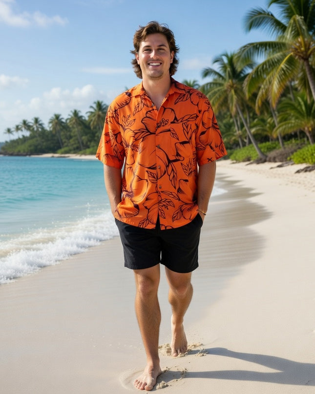 HIBISCUS PRINT MEN'S ORANGE SHIRT