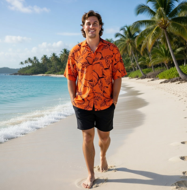 HIBISCUS PRINT MEN'S ORANGE SHIRT