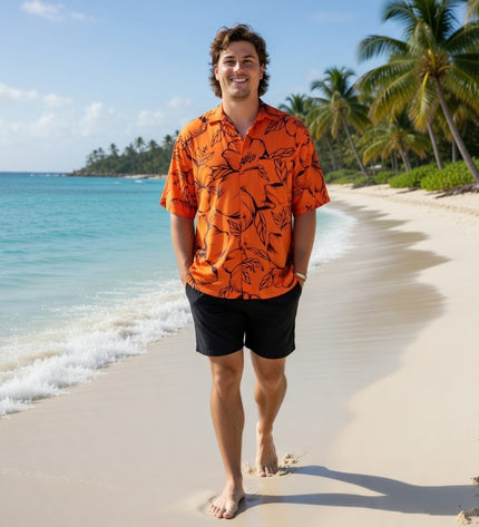 HIBISCUS PRINT MEN'S ORANGE SHIRT