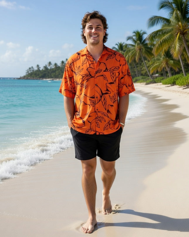 HIBISCUS PRINT MEN'S ORANGE SHIRT