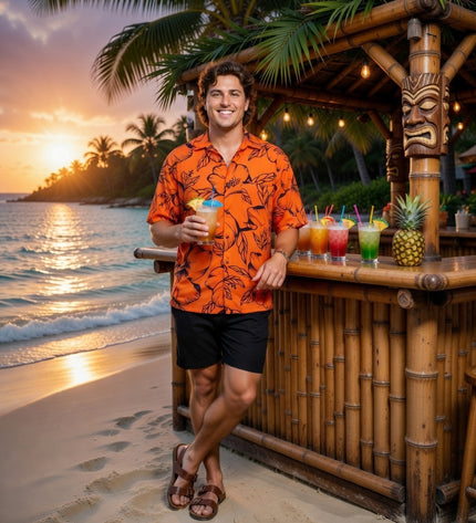 HIBISCUS PRINT MEN'S ORANGE SHIRT