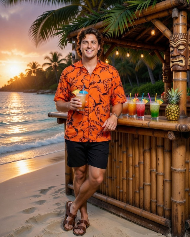 HIBISCUS PRINT MEN'S ORANGE SHIRT