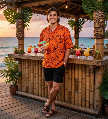 HIBISCUS PRINT MEN'S ORANGE SHIRT