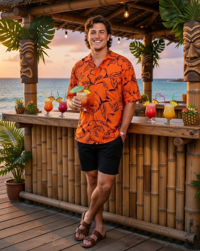 HIBISCUS PRINT MEN'S ORANGE SHIRT