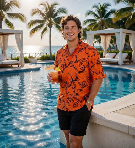 HIBISCUS PRINT MEN'S ORANGE SHIRT