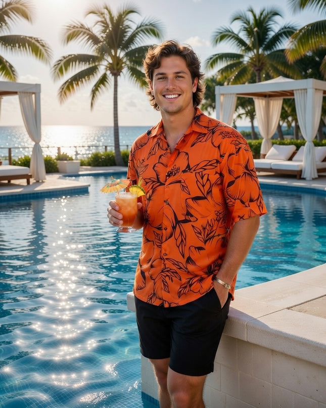 HIBISCUS PRINT MEN'S ORANGE SHIRT