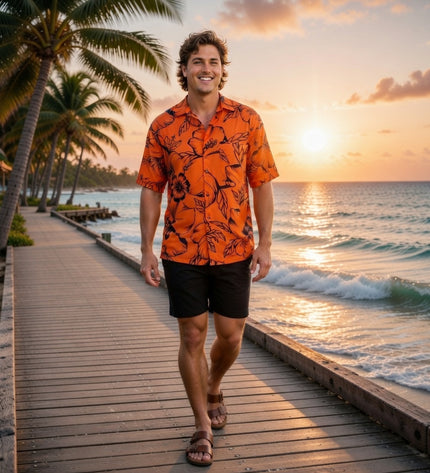 HIBISCUS PRINT MEN'S ORANGE SHIRT