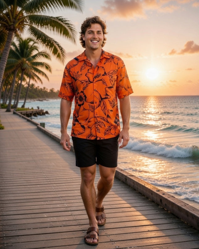 HIBISCUS PRINT MEN'S ORANGE SHIRT