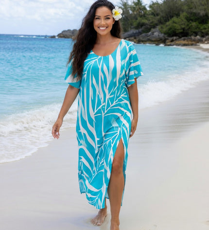 Blue Tropical Rayon Maxi Dress-Lightweight Beach & Resort Wear
