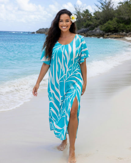 Blue Tropical Rayon Maxi Dress-Lightweight Beach & Resort Wear