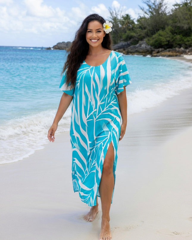Blue Tropical Rayon Maxi Dress-Lightweight Beach & Resort Wear