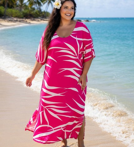 Pink Tropical Fern Rayon Maxi Dress with Pockets - Lightweight Resort Wear