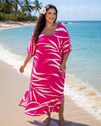 Pink Tropical Fern Rayon Maxi Dress with Pockets - Lightweight Resort Wear
