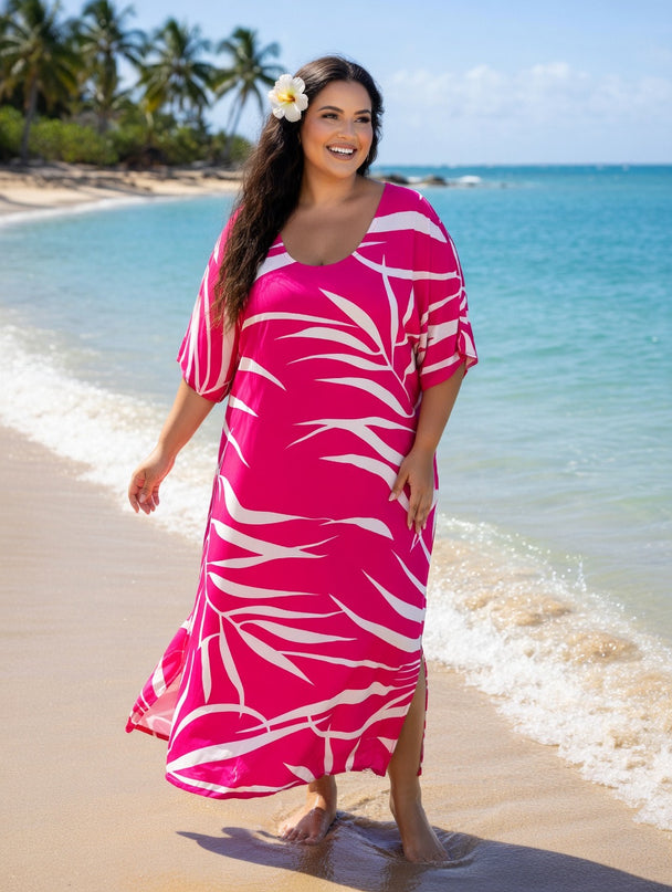 Pink Tropical Fern Rayon Maxi Dress with Pockets - Lightweight Resort Wear