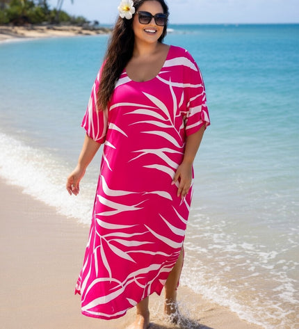 Pink Tropical Fern Rayon Maxi Dress with Pockets - Lightweight Resort Wear