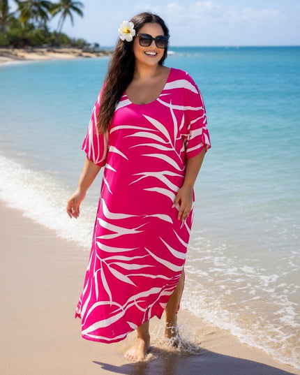 Pink Tropical Fern Rayon Maxi Dress with Pockets - Lightweight Resort Wear
