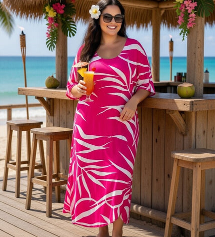 Pink Tropical Fern Rayon Maxi Dress with Pockets - Lightweight Resort Wear