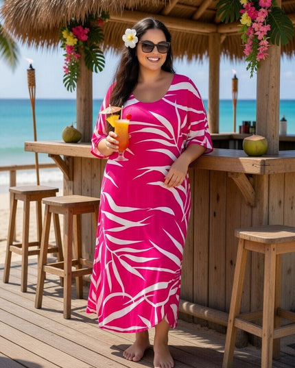 Pink Tropical Fern Rayon Maxi Dress with Pockets - Lightweight Resort Wear