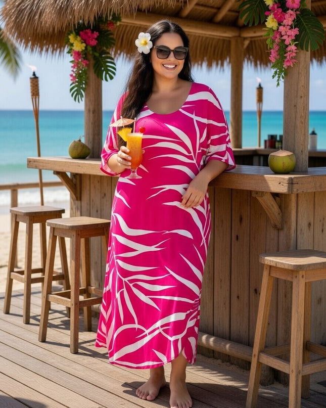 Pink Tropical Fern Rayon Maxi Dress with Pockets - Lightweight Resort Wear