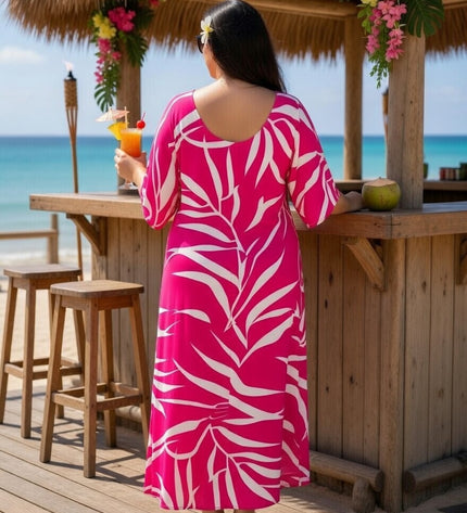 Pink Tropical Fern Rayon Maxi Dress with Pockets - Lightweight Resort Wear