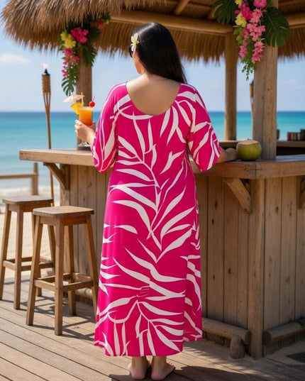 Pink Tropical Fern Rayon Maxi Dress with Pockets - Lightweight Resort Wear