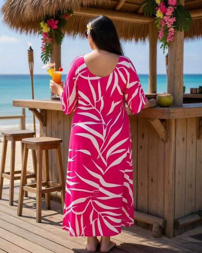 Pink Tropical Fern Rayon Maxi Dress with Pockets - Lightweight Resort Wear