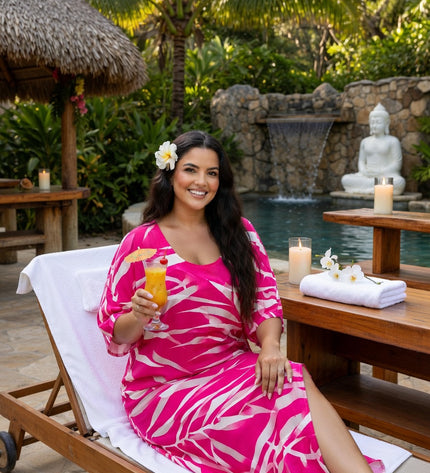 Pink Tropical Fern Rayon Maxi Dress with Pockets - Lightweight Resort Wear