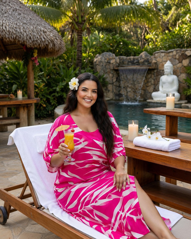 Pink Tropical Fern Rayon Maxi Dress with Pockets - Lightweight Resort Wear