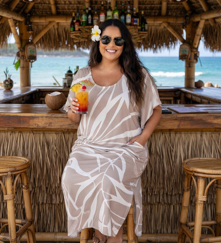 Beige Tropical Fern Rayon Maxi Dress - Lightweight Beach & Resort Dress
