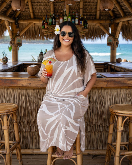 Beige Tropical Fern Rayon Maxi Dress - Lightweight Beach & Resort Dress