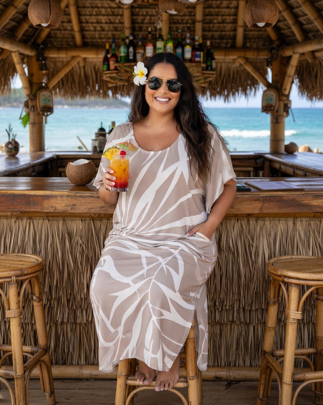 Beige Tropical Fern Rayon Maxi Dress - Lightweight Beach & Resort Dress