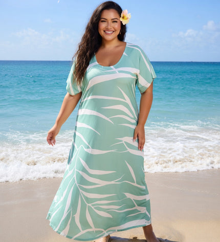 Mint Green Tropical Fern Rayon Maxi Dress-Lightweight Beach & Resort Wear