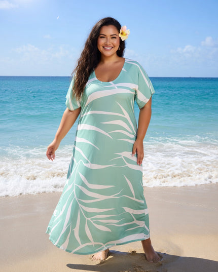 Mint Green Tropical Fern Rayon Maxi Dress-Lightweight Beach & Resort Wear