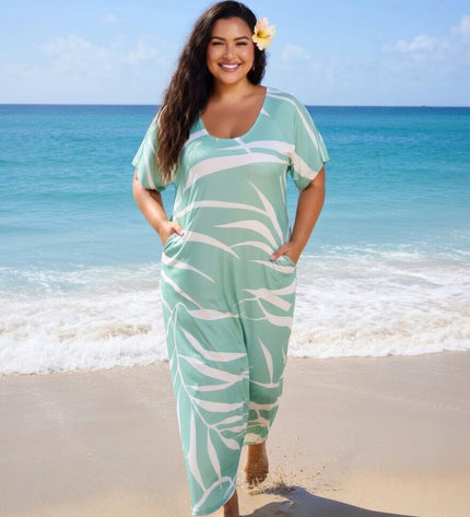Mint Green Tropical Fern Rayon Maxi Dress-Lightweight Beach & Resort Wear