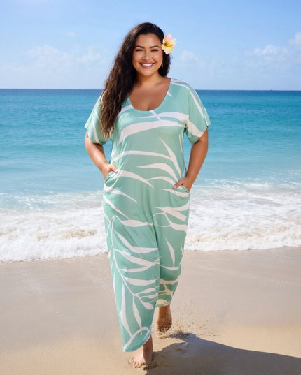 Mint Green Tropical Fern Rayon Maxi Dress-Lightweight Beach & Resort Wear