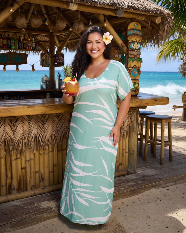 Mint Green Tropical Fern Rayon Maxi Dress-Lightweight Beach & Resort Wear