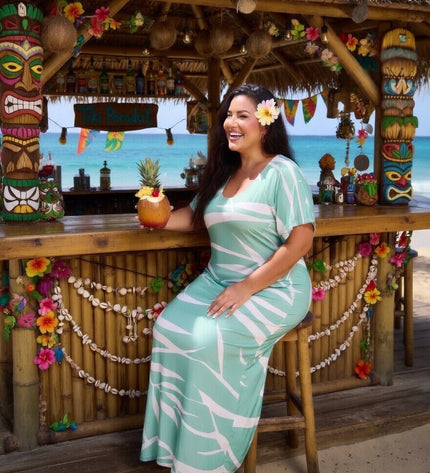 Mint Green Tropical Fern Rayon Maxi Dress-Lightweight Beach & Resort Wear