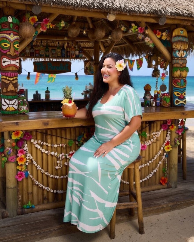 Mint Green Tropical Fern Rayon Maxi Dress-Lightweight Beach & Resort Wear