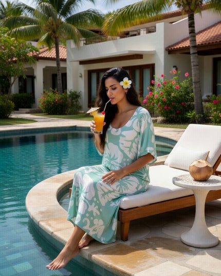 Tropical Hibiscus Rayon Maxi Dress-Lightweight Beach & Resort Wear