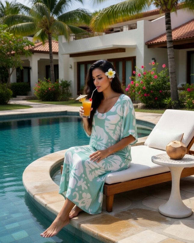 Tropical Hibiscus Rayon Maxi Dress-Lightweight Beach & Resort Wear