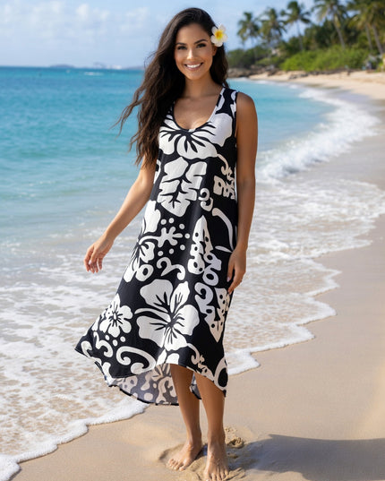 Sleeveless Hibiscus High-Low Dress - Tropical Beach & Resort Wear