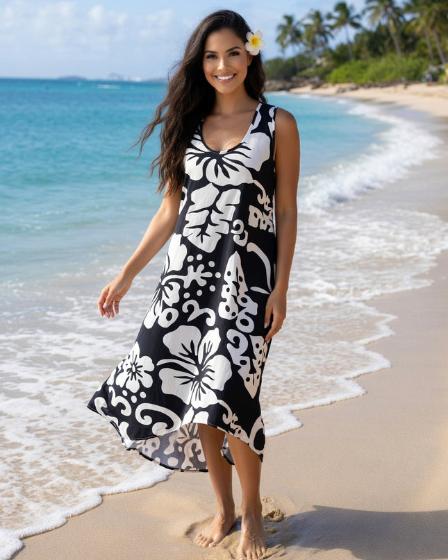 Sleeveless Hibiscus High-Low Dress - Tropical Beach & Resort Wear