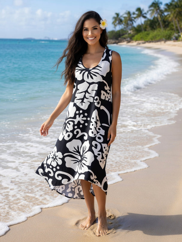 Sleeveless Hibiscus High-Low Dress - Tropical Beach & Resort Wear
