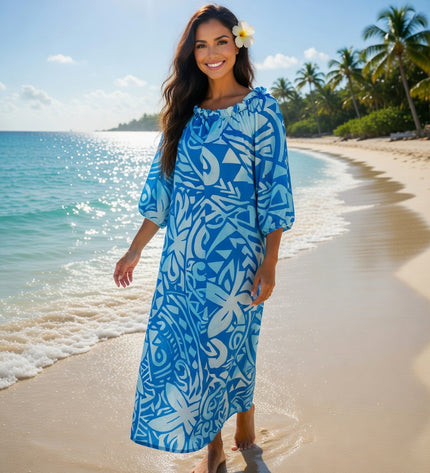 Blue Tribal Print Chiffon Maxi Dress