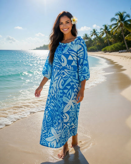 Blue Tribal Print Chiffon Maxi Dress - Flowy, Lightweight & Effortlessly Elegant