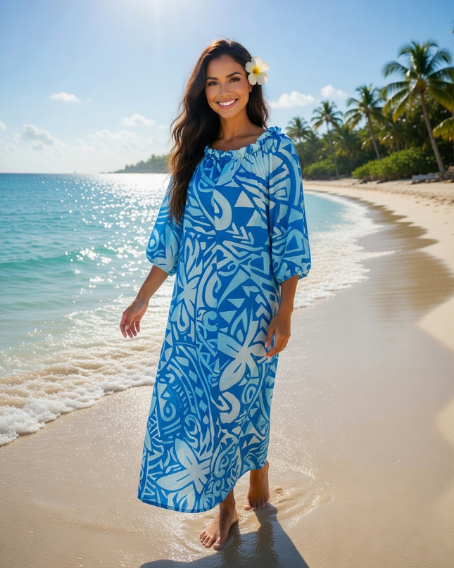 Blue Tribal Print Chiffon Maxi Dress - Flowy, Lightweight & Effortlessly Elegant