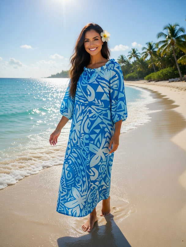 Blue Tribal Print Chiffon Maxi Dress - Flowy, Lightweight & Effortlessly Elegant